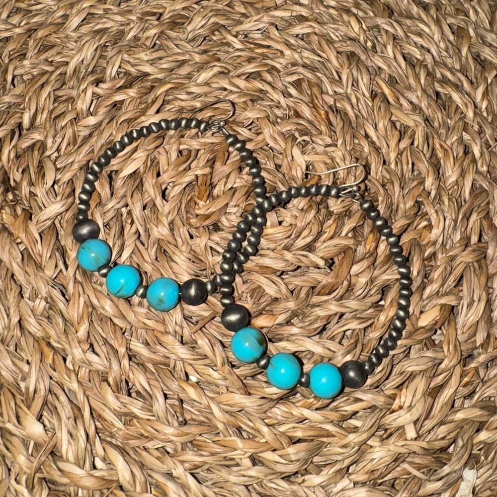 Turquoise and Faux Navjo Pearl Hoop Earrings